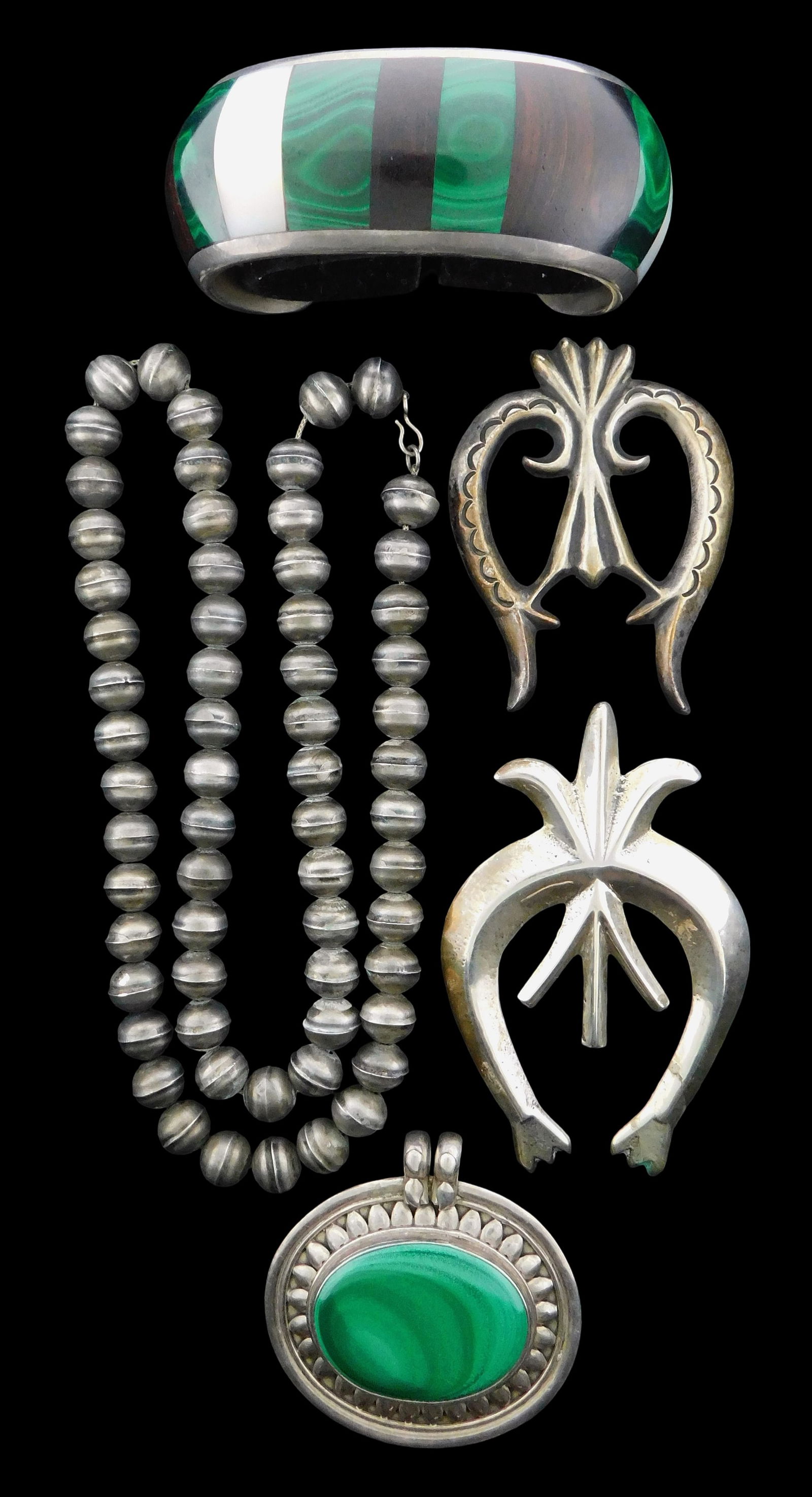 JEWELRY: Five pieces of silver southwest jewelry, including a necklace of silver beads, two horsesho (1 of 3)