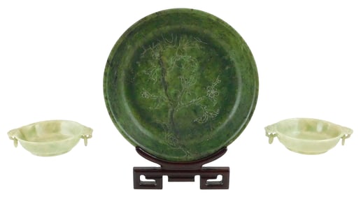 ASIAN: Three green hardstone (possibly jade or serpentine) bowls, including: largest with interior