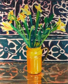 Linda Plotkin (American, b. 1938), "Mexican Huipil", monotype, depicting daffodils in a yellow