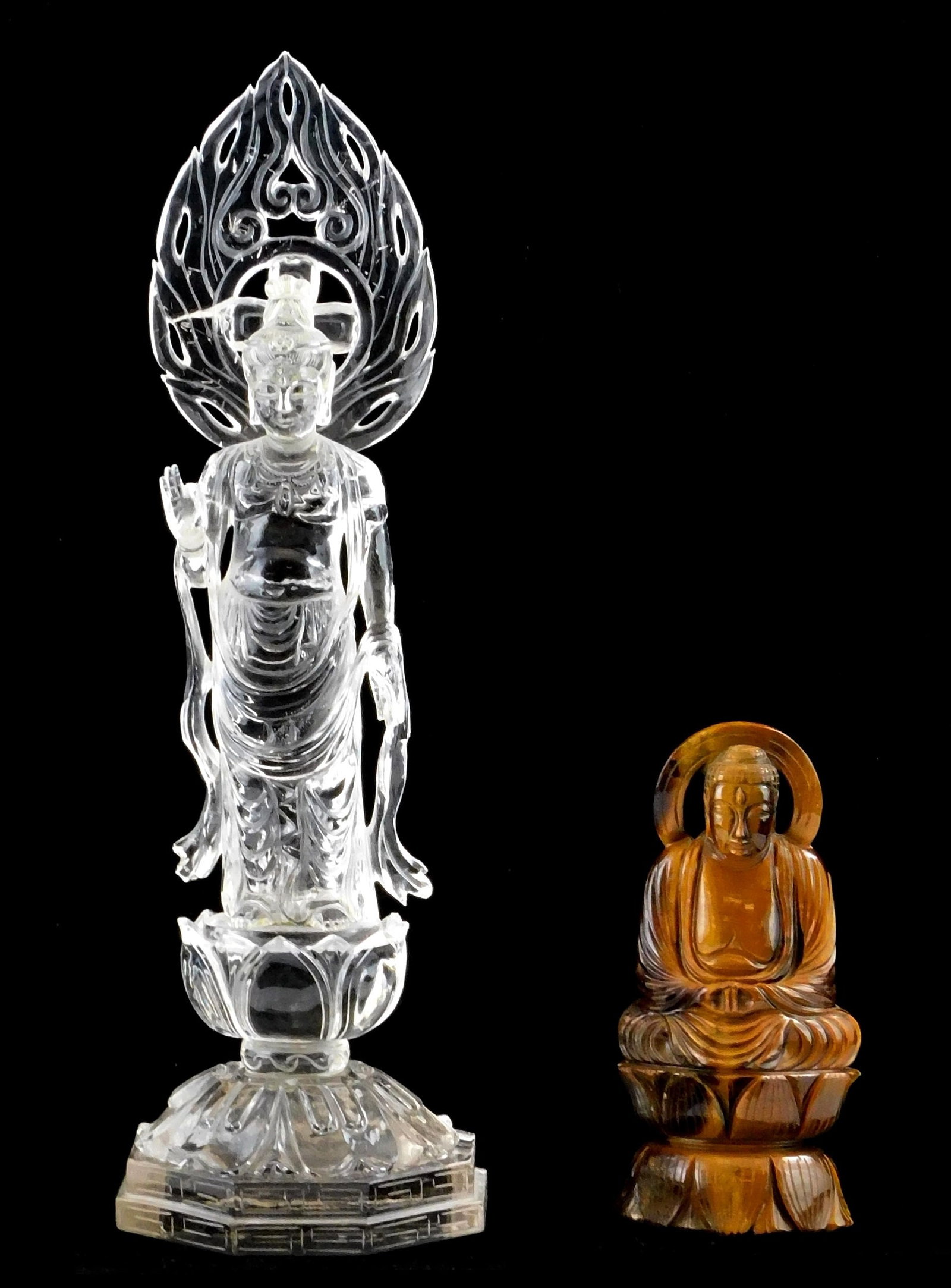 +ASIAN: Rock crystal and tiger's eye carved hardstone figures, Chinese, likely 20th C., details incl (1 of 4)