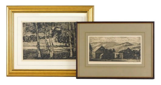 Two Luigi Lucioni (Vermont, 1900 - 1988) landscape etchings, both matted and framed, both signed in