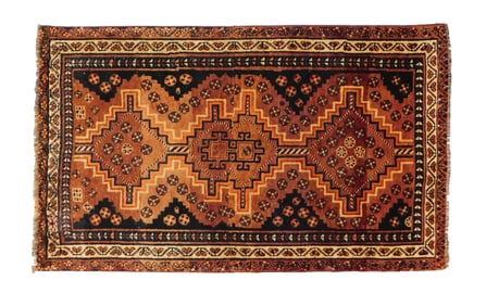 RUG: Antique Qashqai carpet, 3' 8"x 6' 1, c. 1920's, wool on wool, orange and black, low areas,