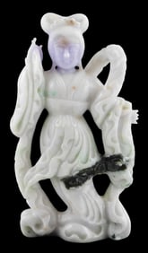 ASIAN: Carved hard stone figure of female immortal, jade type with areas of purple and dark green