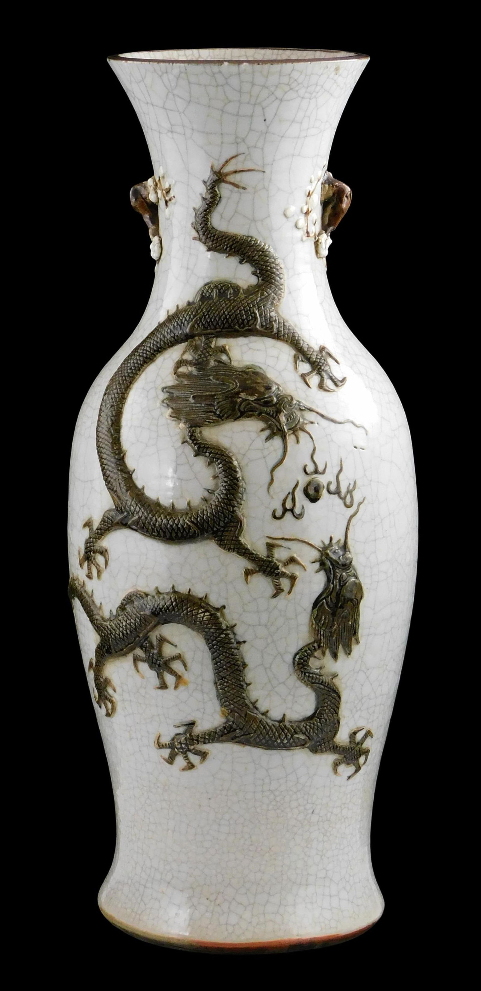 ASIAN: Large white crackleware vase, Chinese, late 19th/ early 20th C., decorated with flowering tre (1 of 7)