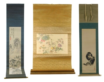 ASIAN: Three scrolls with fitted wooden boxes, details include: long hand-painted scroll, depicts