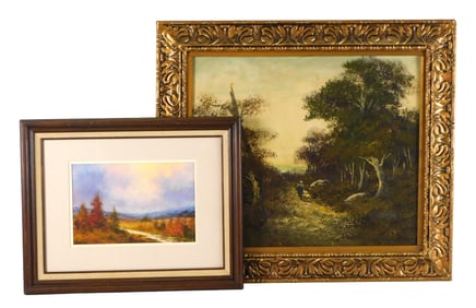 Two 20th C. landscape paintings, the first by Bill Ely (American, b. 1919), “Autumn Sky??,