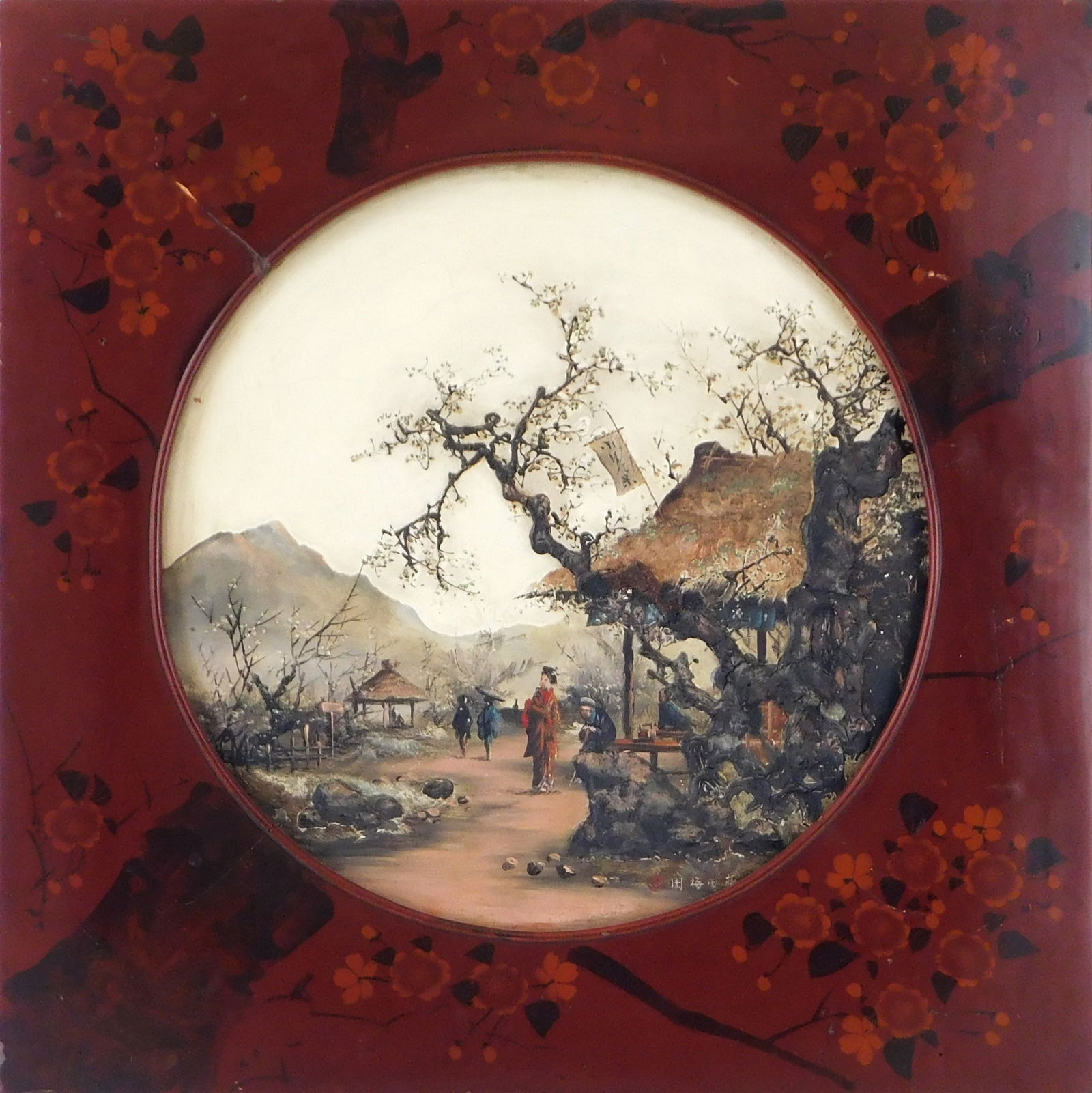 ASIAN: Japanese export style high relief landscape painting, oil on board in red lacquer frame, sign (1 of 4)
