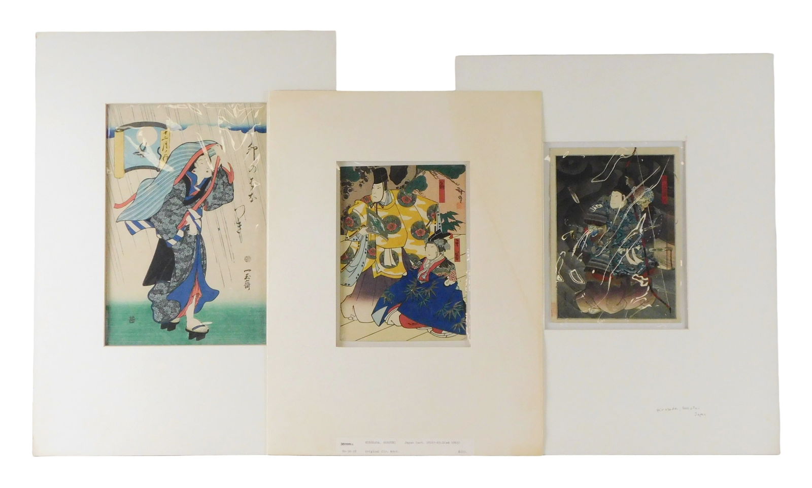 Three unframed color woodblock prints, details include: Konishi (Gosotei) Hirosada (1819-1864), depi (1 of 4)