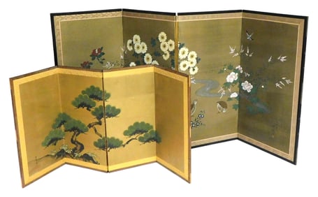 ASIAN: Two four-paneled folding screens, Japanese, 20th C., details include: floor screen,