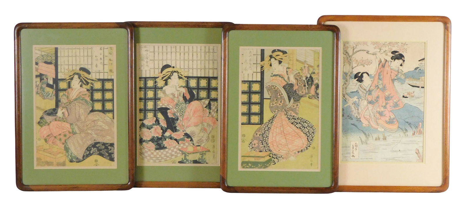 ASIAN: Four framed bijin-ga prints, details include: triptych, matching frames, attributed to Kikuka (1 of 5)