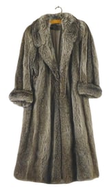 TEXTILE: Racoon full length coat by Sidney Lambert, NY, vintage, shawl collar and rolled sleeves,