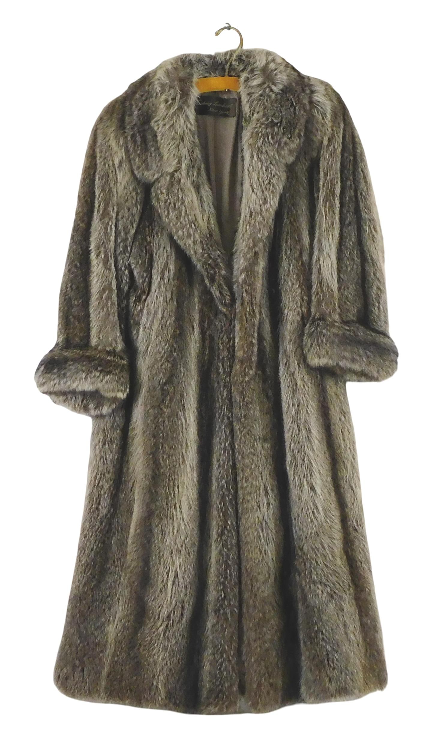 TEXTILE: Racoon full length coat by Sidney Lambert, NY, vintage, shawl collar and rolled sleeves, ma (1 of 5)