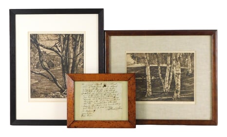 18th C. Framed receipt and two Luigi Lucioni (Vermont, 1900 - 1988) rural etchings, three pieces,