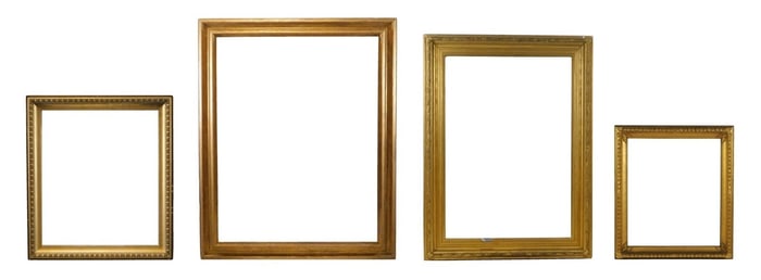 Four gilt and molded frames of larger size, varied sizes and styles, all featuring traditional