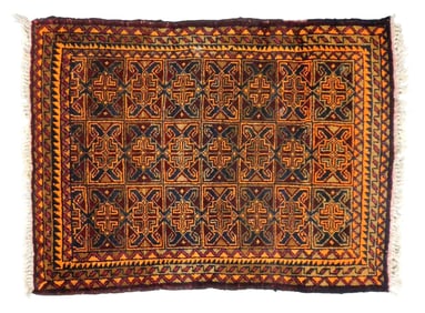 RUG: Modern Afghan Bokara rug, dark brown ground, designs in light brown, orange, maroon, and navy