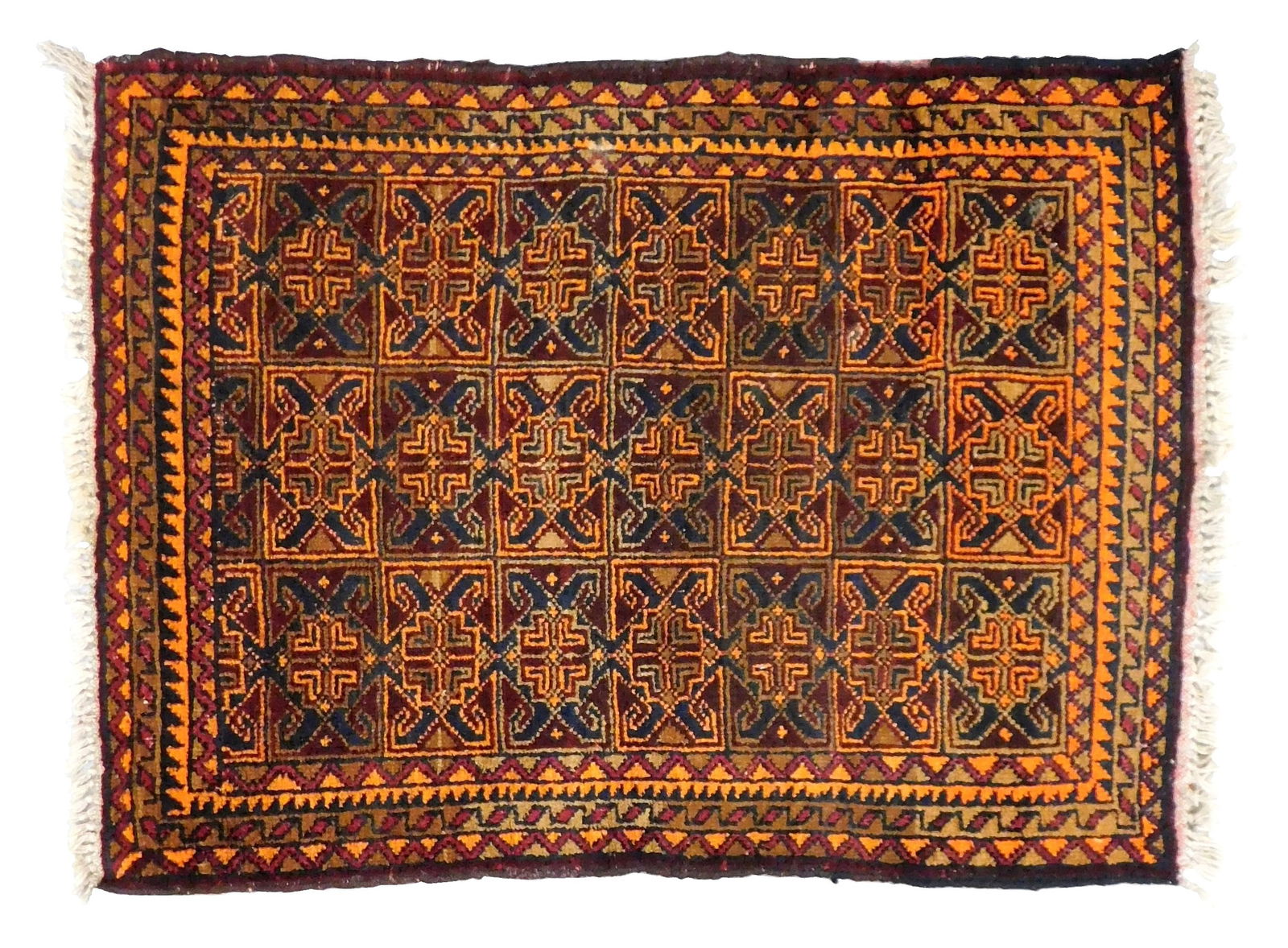 RUG: Modern Afghan Bokara rug, dark brown ground, designs in light brown, orange, maroon, and navy b (1 of 3)