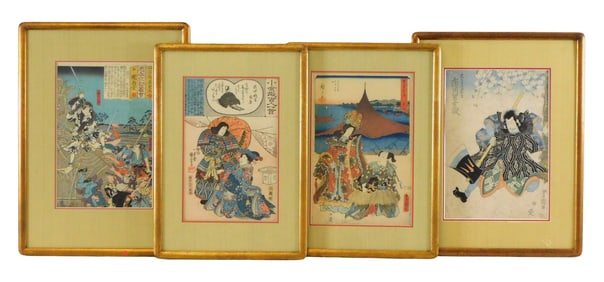 ASIAN: Hiroshige, etc. four framed color woodblock prints, matching gilt frames, details include:
