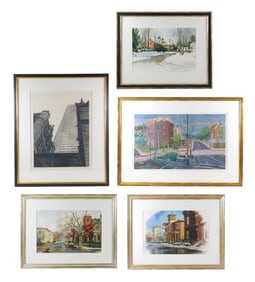 Five framed architectural watercolors and analog prints, all signed and dated, artist labels on