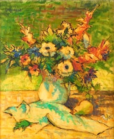 Mid-20th century still life, signed “W. Schuttz??, vibrant flowers arranged in a white pitcher on