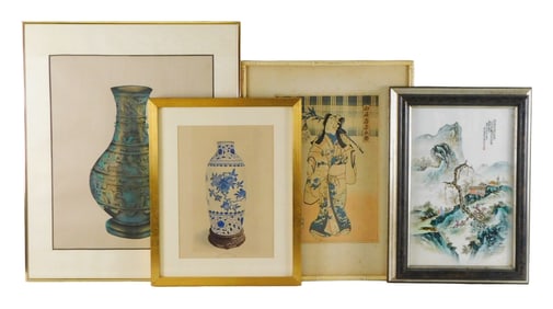 Four pieces of Asian artworks, details include: two 20th C. watercolors depicting stately Chinese