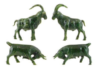 ASIAN: Carved hardstone animals, Chinese, 20th C., possibly spinach jade or serpentine, including: