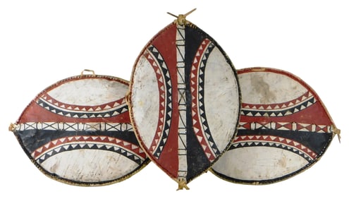 TRIBAL: Three Maasai African Elongo shields, Kenya and Northern Tanzania, all with similar red,