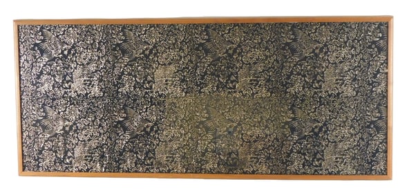 ASIAN: Woven textile in gold metallic thread on black ground, repeating phoenix decoration ensconced