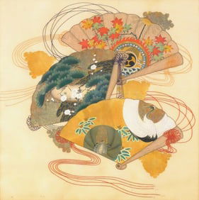 ASIAN: Framed fukusa type textile featuring three painted paper fans and embroidered accents, motifs