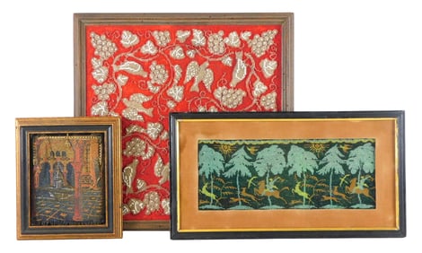 Three pieces of framed beadwork, 19th/20th C., details include: seed beaded vintage purse with