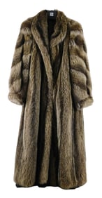TEXTILE: Racoon full length coat with shawl collar, vintage, marled grey brown with lines of black