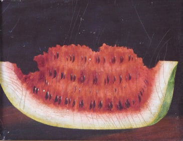 +Watermelon slice, American School, c. 1900, oil on board, unsigned, framed, wear consistent with