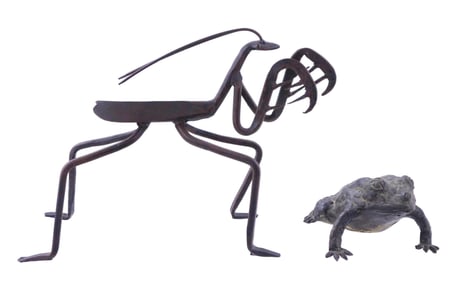 GARDEN: Two garden sculptures including a Japanese cast bronze frog, with green patina, marked on
