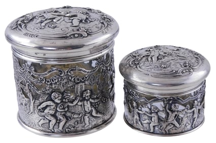 SILVER: Two German Hanau 800 silver overlay jars by Storck & Sinsheimer (active 1874 - c. 1930),
