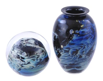 ART GLASS: Josh Simpson studio art paperweight and paperweight vase, both signed and dated on base,