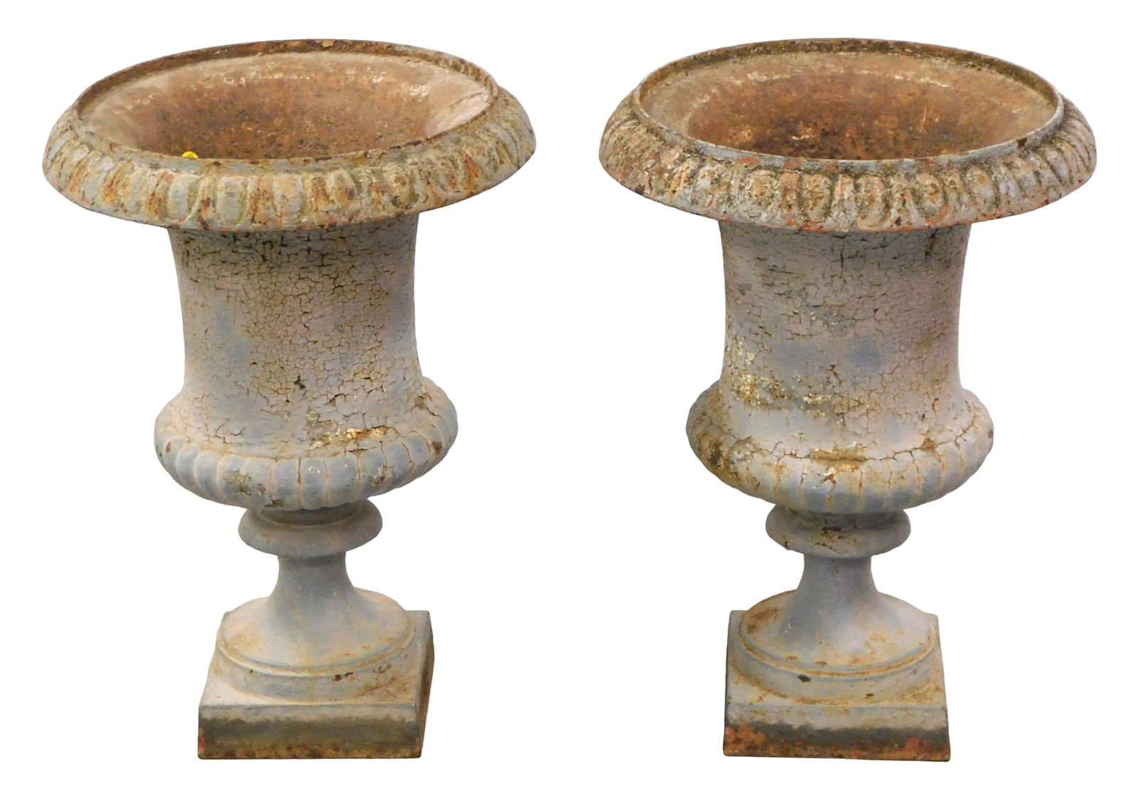 GARDEN: Two classical cast iron garden urns, (appear to be a pair w/ varied patina/ wear), early (1 of 3)