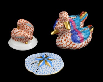 Herend hand-painted porcelain animal figurines, three pieces, all with maker's marks stamped on