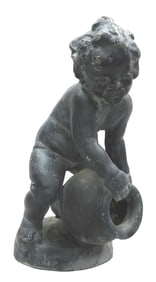 GARDEN: Garden putti tipping urn, heavy material painted black, possibly lead, wear consistent with