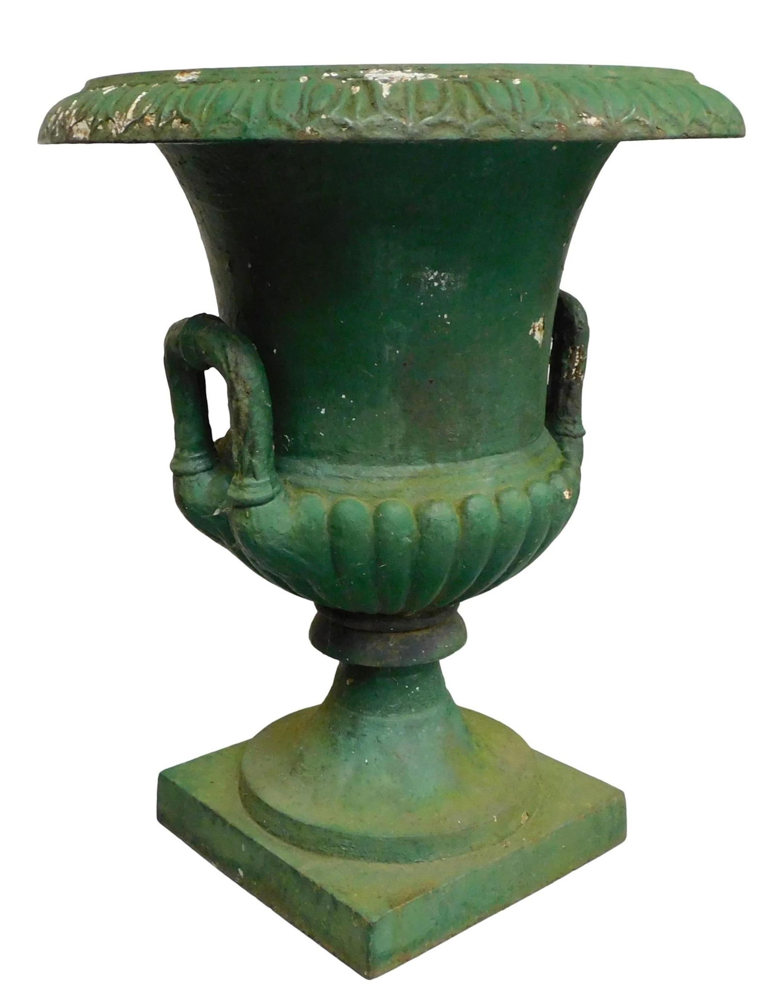 GARDEN: Cast iron urn, late 19th/20th C., Medici style urn painted green, acanthus leaf motif on (1 of 4)