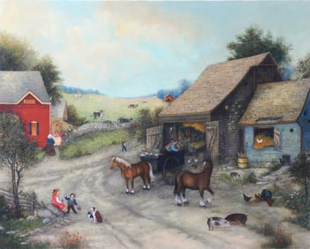 Linda Nelson Stocks (American, 1938-2011), "Untitled (Barn with Horses)", undated, oil on archival