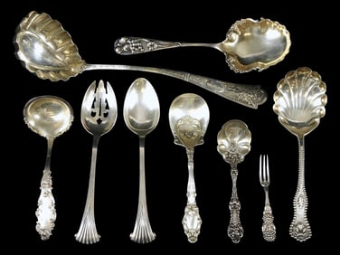 STERLING: Tiffany & Co., Gorham, Alvin, Tuttle, Dominick & Haff, nine pieces of sterling silver