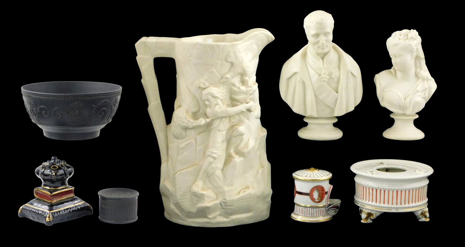 Eight neoclassical decorative and practical pieces, details include: "The Eagle's Lair" large Parian: Eight neoclassical decorative and practical pieces, details include: "The Eagle's Lair" large Parian pitcher, attributed to Keys & Mountford, unmarked, 11" h. x 8 1/4" w.; Copeland "Duke of Wellington