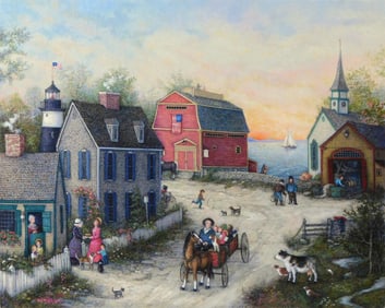 Linda Nelson Stocks (American, 1938-2011), "Untitled (Seaside Town)", 2006, oil on archival canvas,