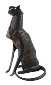 GARDEN: Iron seated cat, contemporary design with visible weld marks and angular construction in