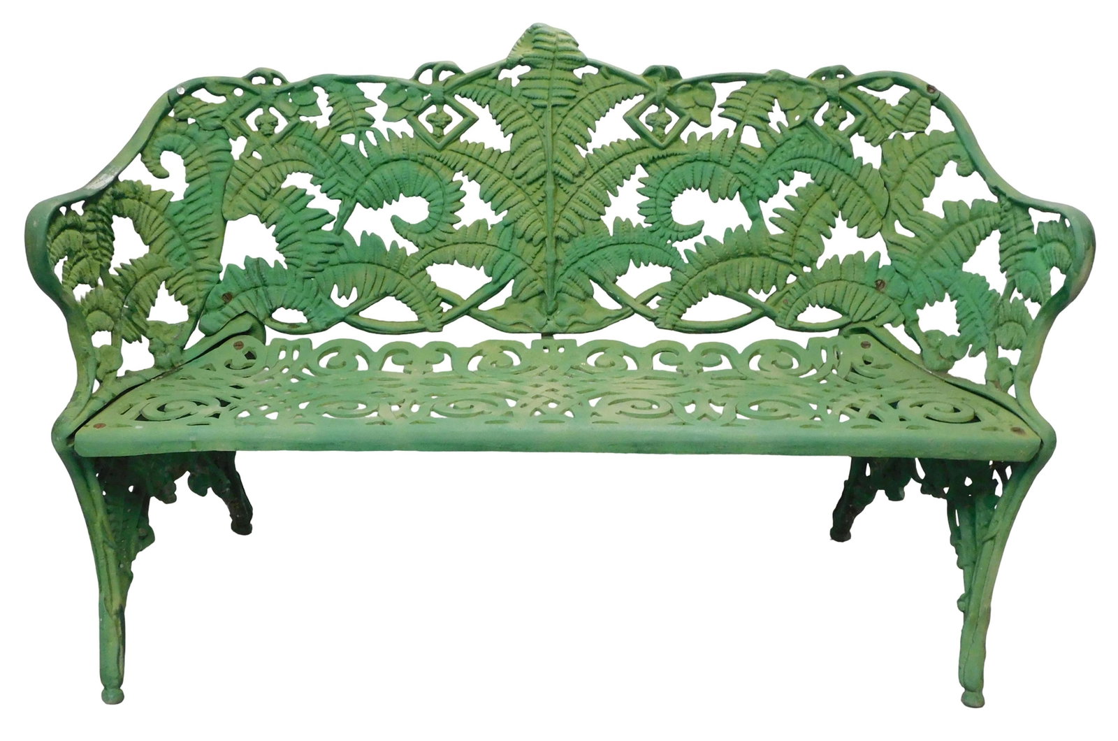 GARDEN: Fern motif garden bench, after a design by Coalbrookdale, unknown metal, possibly aluminum w: GARDEN: Fern motif garden bench, after a design by Coalbrookdale, unknown metal, possibly aluminum with two-tone green paint, allover pierced fern design to back and pierced scrolled seat over curved 