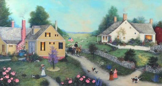 Linda Nelson Stocks (American, 1938-2011), "Picnic Roses", undated, oil on Masonite, depicts idyllic