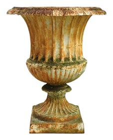 GARDEN: Classical form urn, late 19th/early 20th C., cast iron with older white finish, heavily