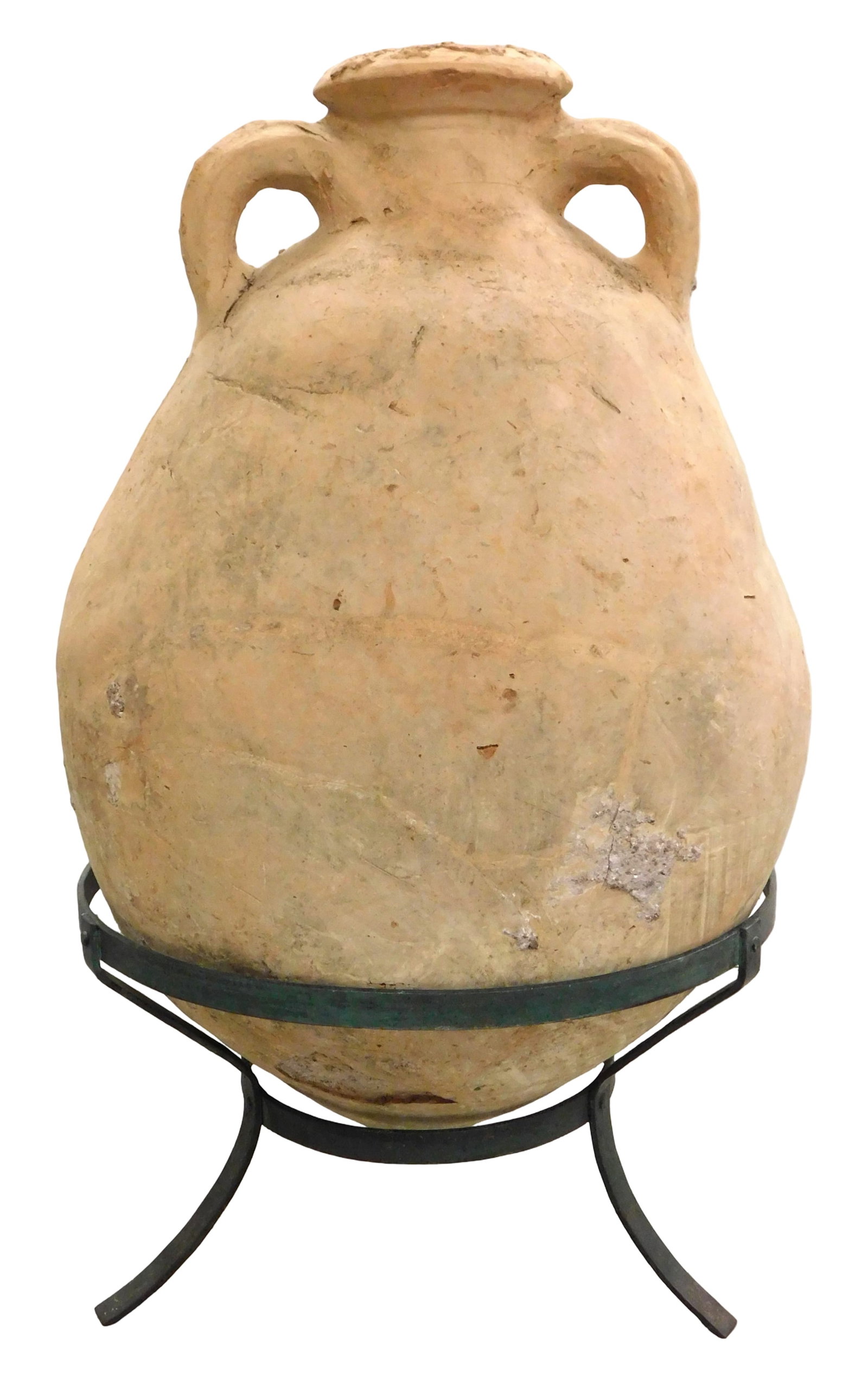 Ancient pithos with loop handles, Mediterranean area, 1st century BC - 3rd century AD, terracotta,: Ancient pithos with loop handles, Mediterranean area, 1st century BC - 3rd century AD, terracotta, large wheel-thrown ovoid form jar with cylindrical neck and flared mouth, looped handles to sides, ro