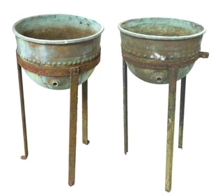 GARDEN: Pair of Etruscan style verdigris copper planters/ vessels with spout, beaded border at