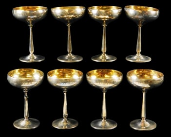STERLING: International Silver Co., eight champagne glasses, gold washed bowl interiors, bowl