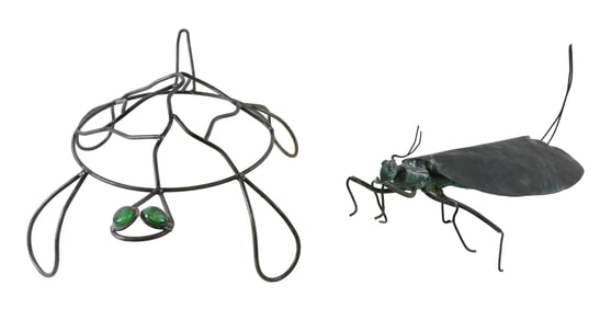 GARDEN: Two garden sculptures, 20th C., details include: wire turtle with inset glass eyes, largest